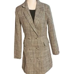 Lulu’s Small Gray Tan Tweed Fitted Double Breasted Classic Neutral Pea Coat